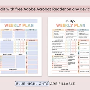 May include: A printable weekly planner with sections for daily and weekly chores, notes, and affirmations. The planner is designed with a pastel color scheme and includes a schedule section for each day of the week. The text "Emily's Weekly Plan" is at the top of the page.