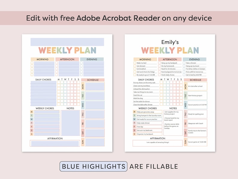 May include: A printable weekly planner with sections for daily and weekly chores, notes, and affirmations. The planner is designed with a pastel color scheme and includes a schedule section for each day of the week. The text "Emily's Weekly Plan" is at the top of the page.