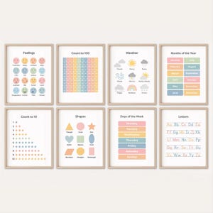 May include: Set of 8 printable educational posters for kids featuring colorful illustrations and text. The posters cover topics such as feelings, counting, weather, months of the year, shapes, days of the week, and letters.