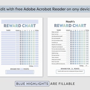 May include: A printable reward chart with blue highlights for a child. The chart has a list of tasks with points assigned to each task. The chart is designed to help children learn responsibility and earn rewards for completing tasks.