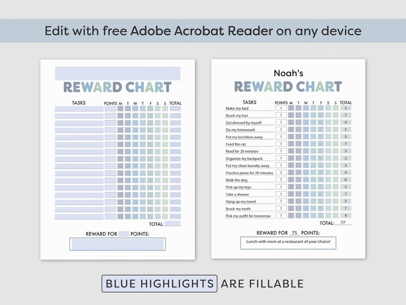 May include: A printable reward chart with blue highlights for a child. The chart has a list of tasks with points assigned to each task. The chart is designed to help children learn responsibility and earn rewards for completing tasks.