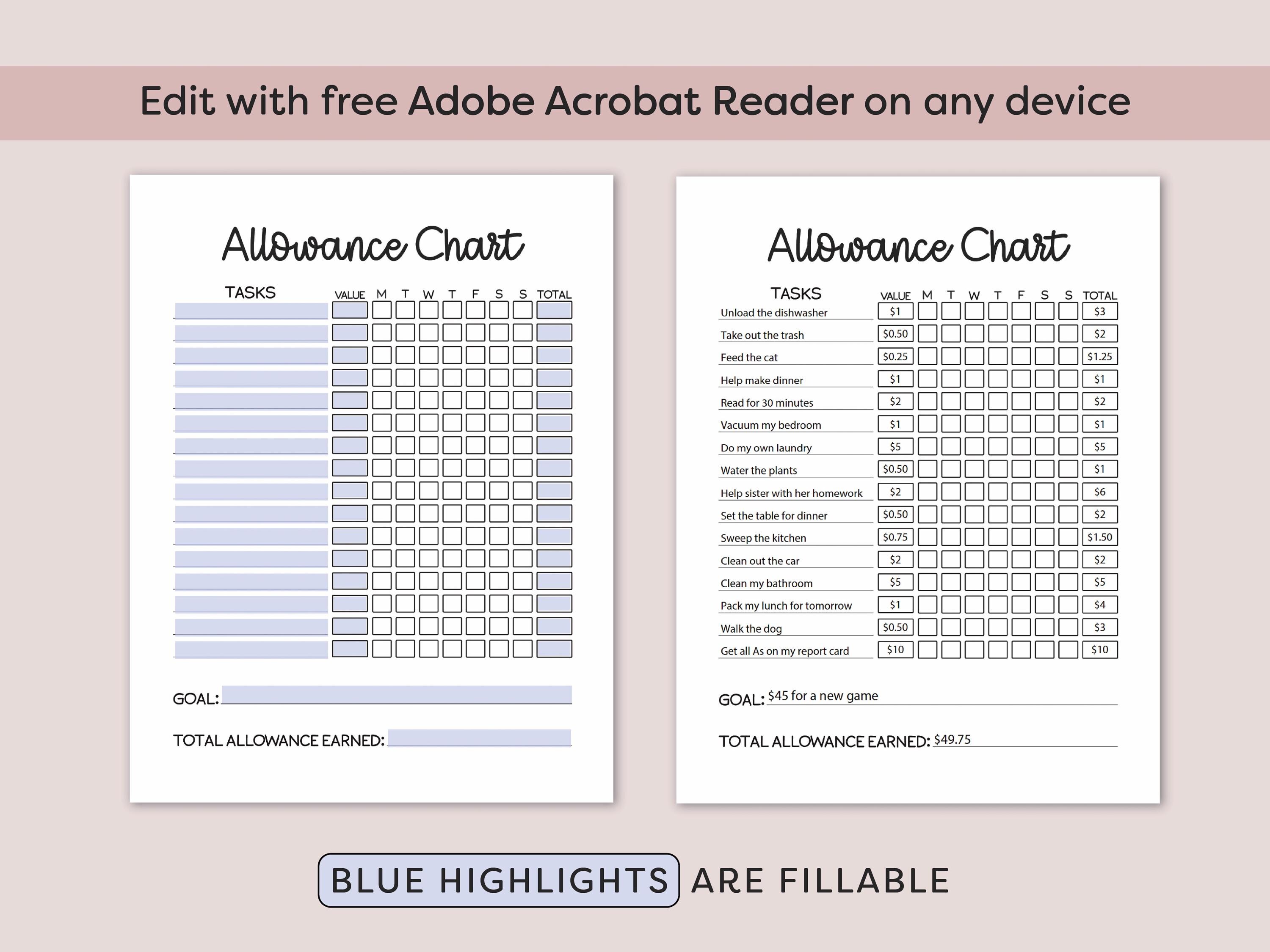 Allowance Chart for Kids Chore Chart for Teens Allowance Tracker ...