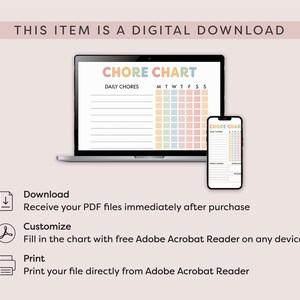 May include: A digital download of a printable chore chart. The chart is designed with a pastel color scheme and includes sections for daily chores and weekly chores. The text "CHORE CHART" is displayed in rainbow colors.