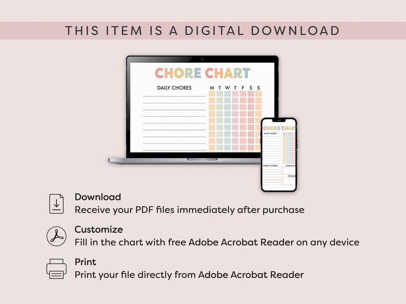 May include: A digital download of a printable chore chart. The chart is designed with a pastel color scheme and includes sections for daily chores and weekly chores. The text "CHORE CHART" is displayed in rainbow colors.