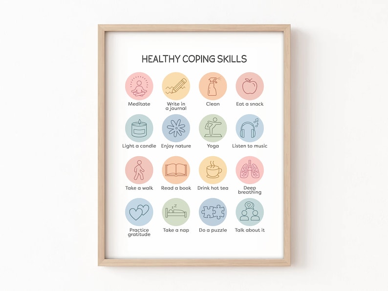 May include: A printable poster with a light wood frame and a white background. The poster features the text "HEALTHY COPING SKILLS" in black text. The poster has 16 colorful circles with line drawings of activities such as meditating, writing in a journal, cleaning, eating a snack, lighting a candle, enjoying nature, yoga, listening to music, taking a walk, reading a book, drinking hot tea, deep breathing, practicing gratitude, taking a nap, doing a puzzle, and talking about it.