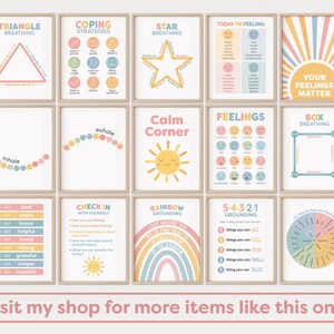 May include: Set of 10 printable posters with colorful illustrations and text related to coping strategies, feelings, and mindfulness for children.  Includes titles like "Triangle Breathing", "Coping Strategies", "Star Breathing", "Calm Corner", "Feelings", "Box Breathing", "Rainbow Grounding", "5-4-3-2-1 Grounding", "Check In With Yourself", and "Your Feelings Matter".