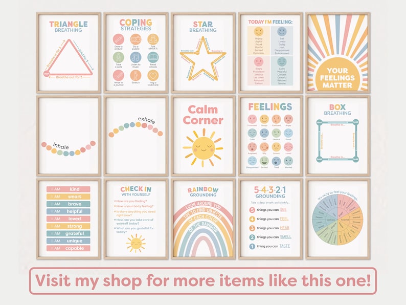 May include: Set of 10 printable posters with colorful illustrations and text related to coping strategies, feelings, and mindfulness for children.  Includes titles like "Triangle Breathing", "Coping Strategies", "Star Breathing", "Calm Corner", "Feelings", "Box Breathing", "Rainbow Grounding", "5-4-3-2-1 Grounding", "Check In With Yourself", and "Your Feelings Matter".