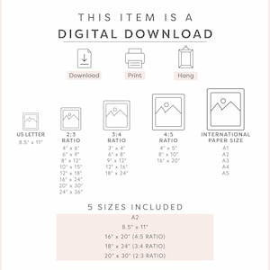 Op de afbeelding: Een digitale download-afbeelding die vijf verschillende formaten afdrukbare afbeeldingen laat zien, waaronder US Letter, 2:3, 3:4, 4:5 verhoudingen en internationale papierformaten A1, A2, A3, A4 en A5. De afbeelding bevat de tekst "Dit item is een digitale download" en pictogrammen om te downloaden, af te drukken en op te hangen.