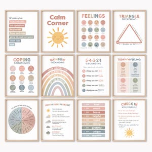 May include: A set of 10 printable posters with calming and coping strategies for children. The posters feature a rainbow, a sun, a triangle, and various other illustrations. The posters include phrases like "Calm Corner", "Rainbow Grounding", "5-4-3-2-1 Grounding", "Coping Strategies", "How Big Is My Problem?", "Today I'm Feeling", "Check In With Yourself", and "It's Okay To Feel Your Feelings".
