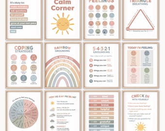Kalmerende hoekposters | Grafiek met gevoelens, copingvaardigheden, positieve affirmaties, rusthoek in de klas, decoratie speelkamer (digitale download)