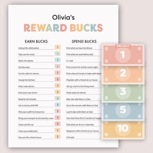 May include: A printable chart with a colourful design, titled "Olivia's Reward Bucks". The chart lists chores and activities that can be completed to earn "bucks", which can then be spent on various rewards. The rewards include things like picking what to have for dinner, reading a book before bed, and getting £10 cash.