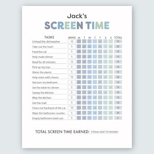 May include: A screen time chart for Jack, featuring tasks and a check-off system. The chart includes the text "SCREEN TIME" in blue and green, and the total screen time earned is 3 hours and 10 minutes. Measurements are in hours and minutes.