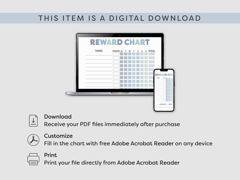 May include: A digital download of a printable reward chart. The chart is displayed on a laptop screen and a smartphone. The chart has a blue and gray color scheme and includes sections for tasks, points, and days of the week. The text "REWARD CHART" is at the top of the chart.