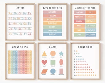 Set of Educational Posters for Toddlers Preschool Classroom Decor Alphabet Poster Skip Counting Day of the Week Printable Homeschool Posters
