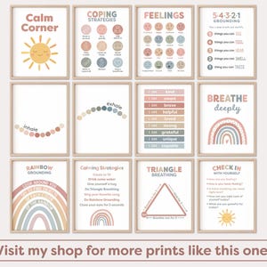 May include: Set of 10 printable posters with calming strategies for children. The posters feature a rainbow, sun, and other colorful illustrations. The posters include phrases like "Calm Corner", "Coping Strategies", "Feelings", "5-4-3-2-1 Grounding", "Breathe Deeply", "Calming Strategies", "Triangle Breathing", and "Check In With Yourself".