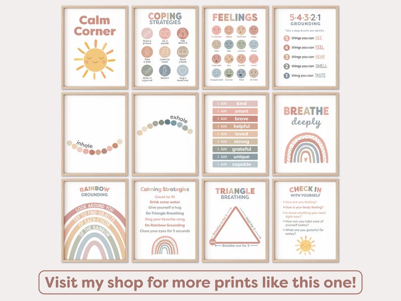 May include: Set of 10 printable posters with calming strategies for children. The posters feature a rainbow, sun, and other colorful illustrations. The posters include phrases like "Calm Corner", "Coping Strategies", "Feelings", "5-4-3-2-1 Grounding", "Breathe Deeply", "Calming Strategies", "Triangle Breathing", and "Check In With Yourself".
