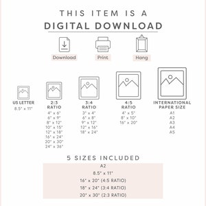 Pode incluir: Um gr&aacute;fico de download digital que mostra cinco tamanhos diferentes de imagens imprim&iacute;veis, incluindo US Letter, 2:3, 3:4, 4:5 propor&ccedil;&otilde;es e tamanhos de papel internacionais A1, A2, A3, A4 e A5. O gr&aacute;fico tamb&eacute;m inclui &iacute;cones para baixar, imprimir e pendurar.