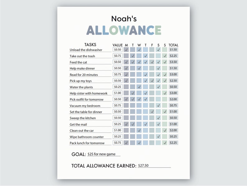 Printable Allowance Chart for Kids | Allowance Chore Chart, Allowance ...