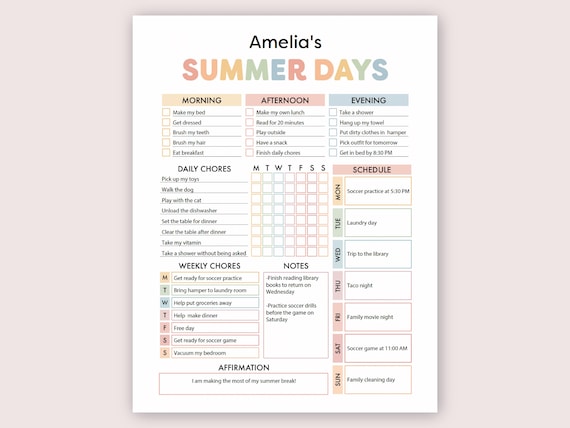Summer Planner Kids Summer Printable Summer School Planner Summer Kids Weekly Routine Summer Kids Printable Summer Weekly Schedule Kids
