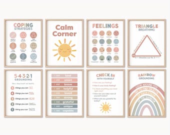 Könnte beinhalten: Satz von 8 druckbaren Postern mit beruhigenden und Bewältigungsstrategien für Kinder. Die Poster zeigen Illustrationen einer Sonne, eines Regenbogens, eines Dreiecks und einer Vielzahl anderer beruhigender Bilder. Die Poster enthalten Sätze wie "Ruhe-Ecke", "Bewältigungsstrategien", "Gefühle", "Dreiecksatmung", "5-4-3-2-1 Erdung", "Check-in mit dir selbst" und "Regenbogen-Erdung".