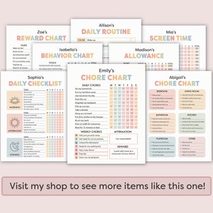 May include: A set of printable chore charts for children. The charts are colourfully designed with pastel pink, blue, and yellow. Each chart has a different name at the top, such as "Sophia's Daily Checklist" and "Emily's Chore Chart". The charts include sections for daily and weekly chores, as well as a space for affirmations and rewards.