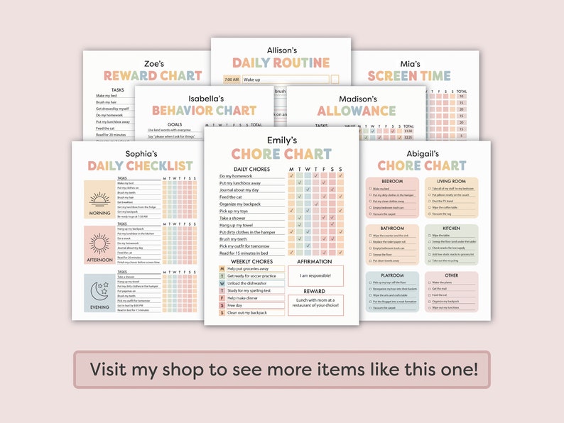 May include: A set of printable chore charts for children. The charts are colourfully designed with pastel pink, blue, and yellow. Each chart has a different name at the top, such as "Sophia's Daily Checklist" and "Emily's Chore Chart". The charts include sections for daily and weekly chores, as well as a space for affirmations and rewards.