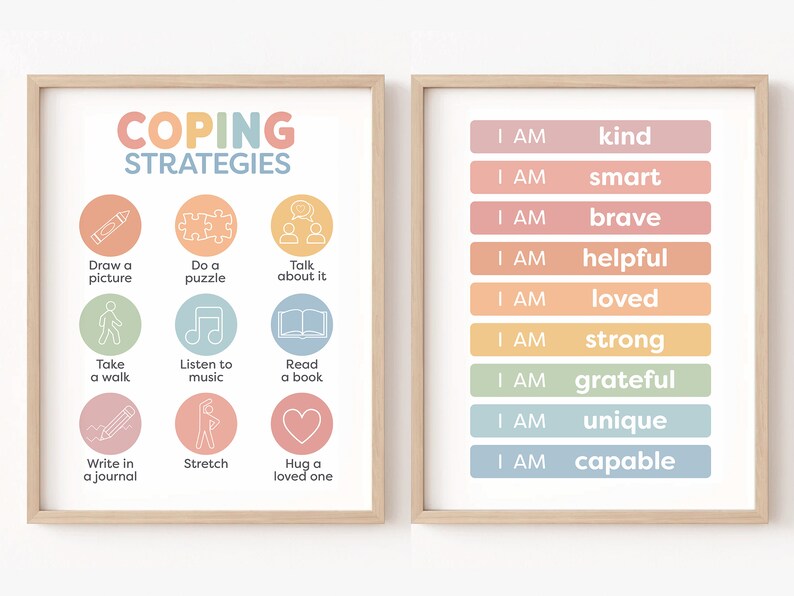 May include: Two printable posters with coping strategies and positive affirmations. The left poster has a pastel colour scheme and features 9 illustrated coping strategies, such as drawing a picture, doing a puzzle, and taking a walk. The right poster has a rainbow colour scheme and features 8 positive affirmations, such as "I am kind", "I am smart", and "I am brave".