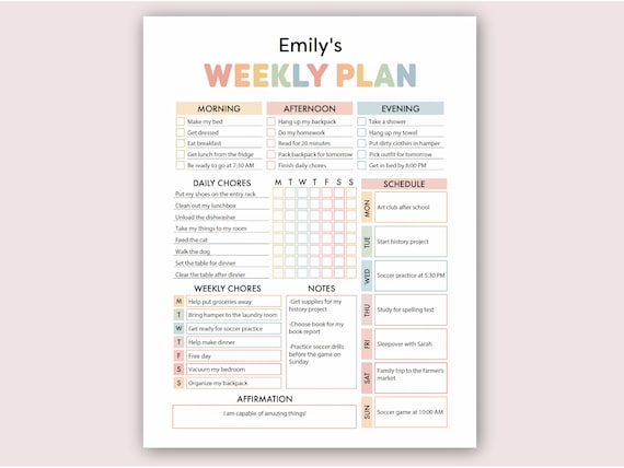 Kids Chore Planner Printable | Weekly Chores, Responsibility Chart, Daily Planner, School Routine Checklist, Schedule, Affirmation (PDF)