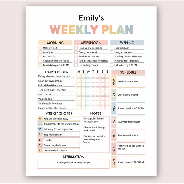 Kids Chore Planner Responsibility Chore Chart for Kids Daily Planner Printable Weekly Chore Chart Template Responsibility Chart for Teens