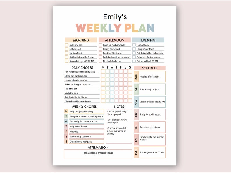 May include: A printable weekly planner with a pink, peach, and yellow color scheme. The planner includes sections for morning, afternoon, and evening activities, as well as daily and weekly chores. It also includes a section for notes and an affirmation.