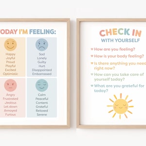 May include: Two printable posters with a light blue, pink, and yellow colour scheme. The left poster has the text "TODAY I'M FEELING:" and lists various emotions with corresponding facial expressions. The right poster has the text "CHECK IN WITH YOURSELF" and includes a list of questions to help with self-reflection.
