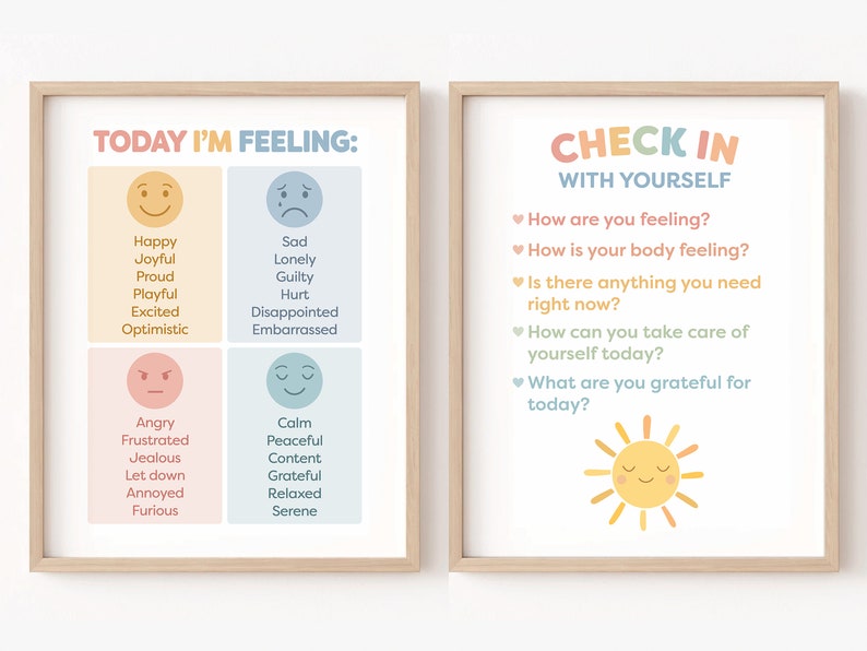 May include: Two printable posters with a light blue, pink, and yellow colour scheme. The left poster has the text "TODAY I'M FEELING:" and lists various emotions with corresponding facial expressions. The right poster has the text "CHECK IN WITH YOURSELF" and includes a list of questions to help with self-reflection.