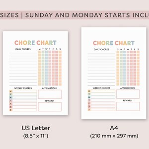 May include: Printable chore chart template in two sizes: US Letter (8.5 inches by 11 inches) and A4 (210 mm by 297 mm). The chart features a colorful rainbow design with sections for daily chores, weekly chores, affirmations, and rewards.