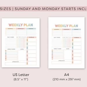 May include: Two printable weekly planner templates in US Letter (8.5" x 11") and A4 (210 mm x 297 mm) sizes. Each planner features sections for daily chores, weekly chores, notes, schedule, morning, afternoon, and evening. The planner has a colorful pastel design.