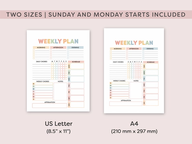 May include: Two printable weekly planner templates in US Letter (8.5" x 11") and A4 (210 mm x 297 mm) sizes. Each planner features sections for daily chores, weekly chores, notes, schedule, morning, afternoon, and evening. The planner has a colorful pastel design.