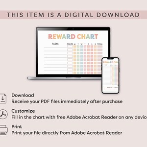 May include: A digital download of a printable reward chart. The chart is colourful and features a rainbow colour scheme. The chart is designed to help children track their progress and earn rewards for completing tasks.