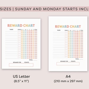 May include: Printable reward chart with a colourful rainbow design. The chart includes spaces for tasks, points, and a total points section. The chart is available in two sizes: US Letter (8.5 inches by 11 inches) and A4 (210 mm by 297 mm).