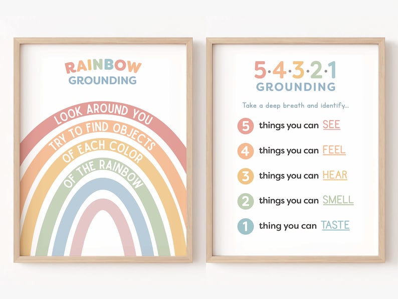 May include: Two printable posters with grounding techniques. The first poster features a rainbow with the text "Rainbow Grounding" and instructions to "Look around you, try to find objects of each colour of the rainbow". The second poster features the text "5-4-3-2-1 Grounding" and instructions to "Take a deep breath and identify... 5 things you can see, 4 things you can feel, 3 things you can hear, 2 things you can smell, 1 thing you can taste."