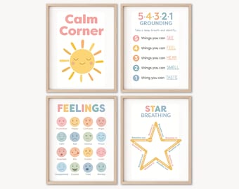 Calm Corner Sign Set | Feelings Chart, 54321 Grounding, Coping Skills, Classroom Decor, Calm Down Corner Posters, Toddler (Digital Download)
