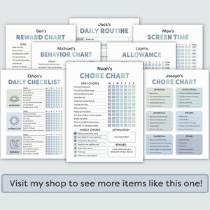 May include: A set of printable chore charts for kids featuring different themes like daily routine, screen time, allowance, and chore charts. The charts are designed with a blue and green color scheme and include checkboxes for completing tasks.