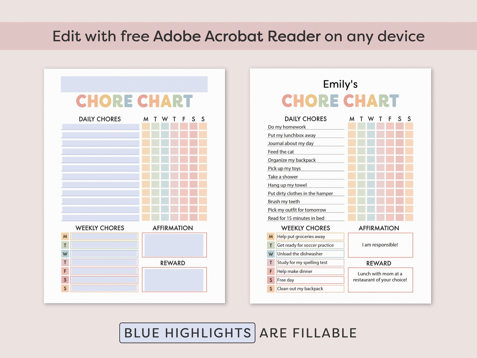 Chore Chart for Kids Printable Editable Chore Chart Template Kids Chore ...