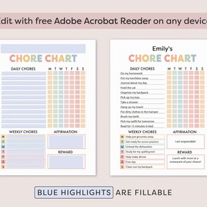 May include: A printable chore chart for kids with a pastel color scheme. The chart includes sections for daily and weekly chores, affirmations, and rewards. The chart is customizable with blue highlights that can be filled in.