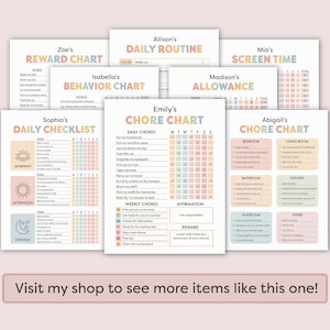 May include: A set of printable chore charts for kids. The charts are color-coded with pink, blue, and yellow. Each chart has a different name at the top, such as "Sophia's Daily Checklist" and "Emily's Chore Chart".