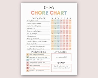 May include: A printable chore chart for kids with a colorful design. The chart includes daily and weekly chores, an affirmation, and a reward. The daily chores include tasks like doing homework, putting away lunchboxes, and brushing teeth. The weekly chores include tasks like helping with groceries, getting ready for soccer practice, and unloading the dishwasher. The affirmation is "I am responsible!" and the reward is "Lunch with mom at a restaurant of your choice!"