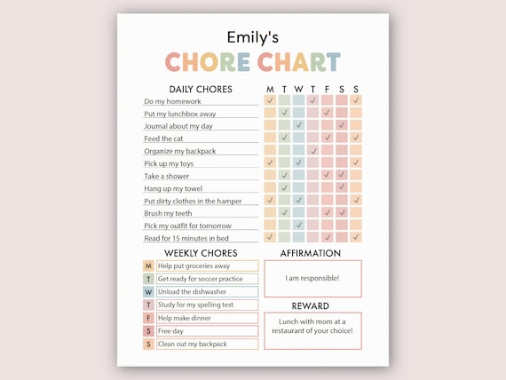 Chore Chart for Kids Printable Editable Chore Chart Template Kids Chore Chart Responsibility Chart To Do List for Kids Weekly Chore Chart