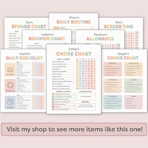 May include: A set of printable chore charts for kids. The charts feature colorful pastel backgrounds and include tasks like daily chores, screen time, allowance, and behavior charts. The charts are designed to help kids stay organized and motivated.