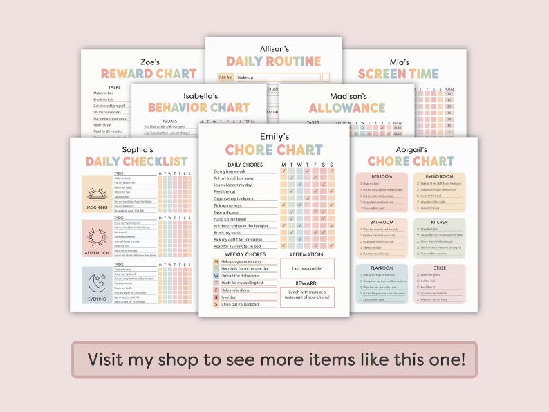 May include: A set of printable chore charts for kids. The charts feature colorful pastel backgrounds and include tasks like daily chores, screen time, allowance, and behavior charts. The charts are designed to help kids stay organized and motivated.