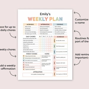 May include: A printable weekly planner with a colorful design. The planner is divided into sections for morning, afternoon, and evening. It includes space for daily chores, weekly chores, and a positive affirmation. The planner also has a section for notes and a schedule for the week.
