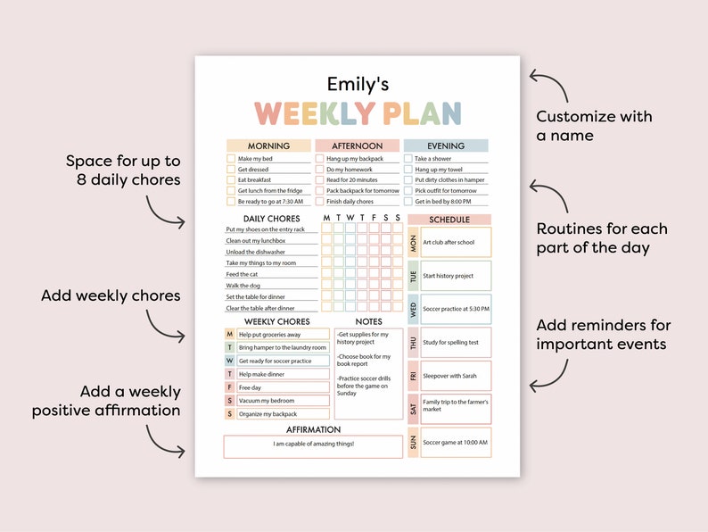 May include: A printable weekly planner with a colorful design. The planner is divided into sections for morning, afternoon, and evening. It includes space for daily chores, weekly chores, and a positive affirmation. The planner also has a section for notes and a schedule for the week.