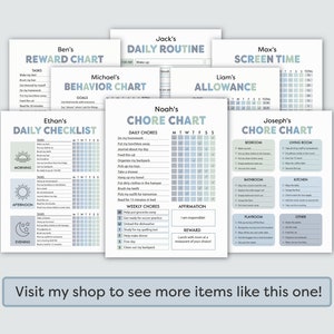 May include: A set of printable chore charts for kids. Each chart features a different name and a different theme. The charts are designed to help kids stay organized and on track with their daily and weekly tasks. The charts include sections for daily chores, weekly chores, affirmations, and rewards.